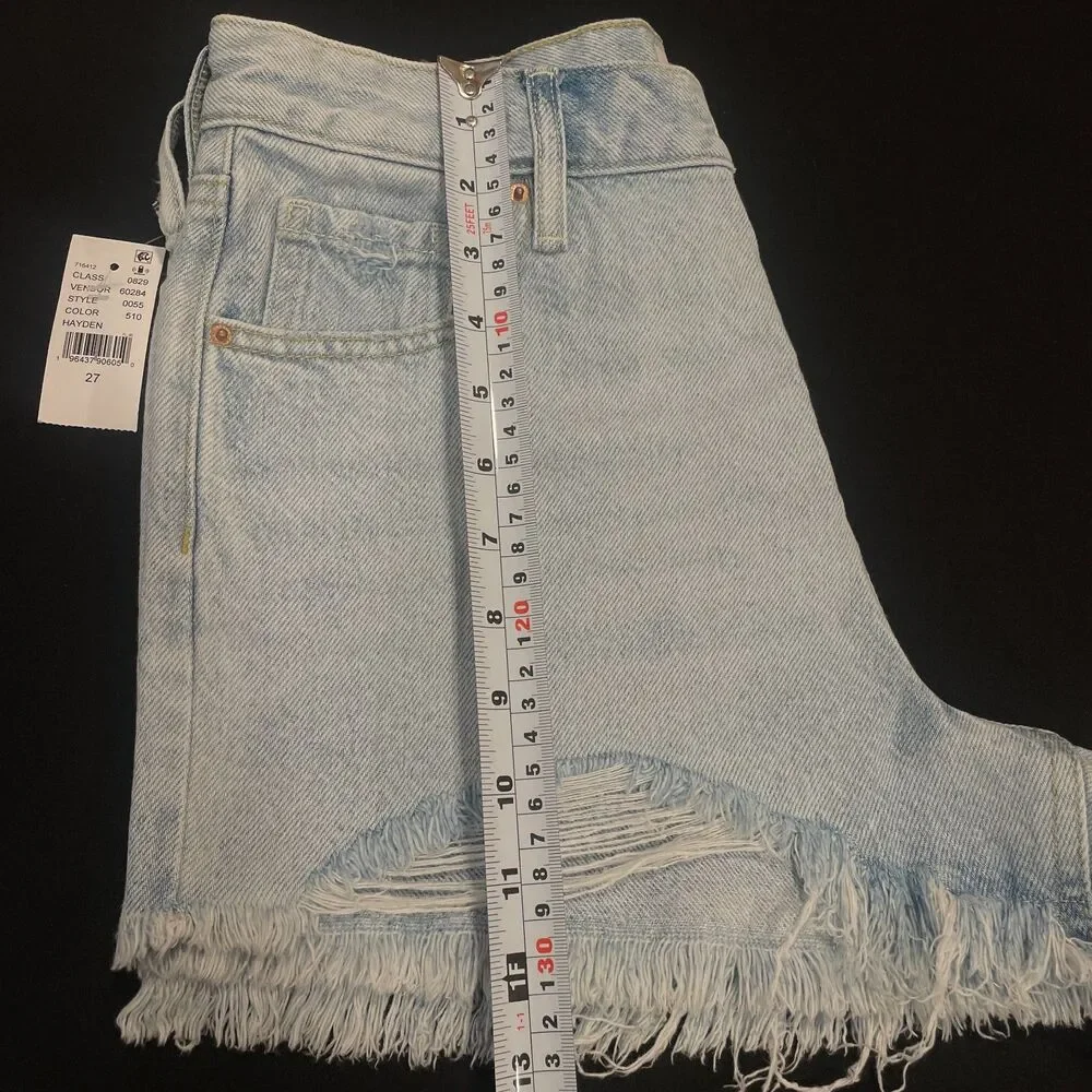 ~ NEW PacSun 27 Denim Festival Shorts Boho Acid Wash Rip Button High Waist Blue